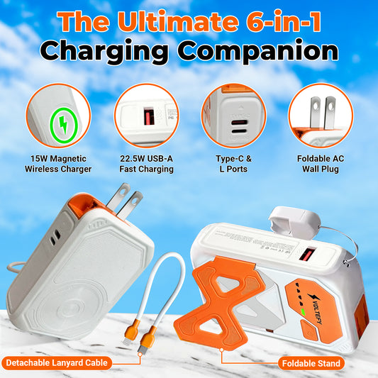 VOLTEFY 5-in-1 Magnetic Power Bank, 10000mAh, Built in Cables and AC Plug,22.5W Fast Charging, Mag-Safe Battery Pack,Compatible with iPhone 15/14/13/12,Apple Watch,Airpods